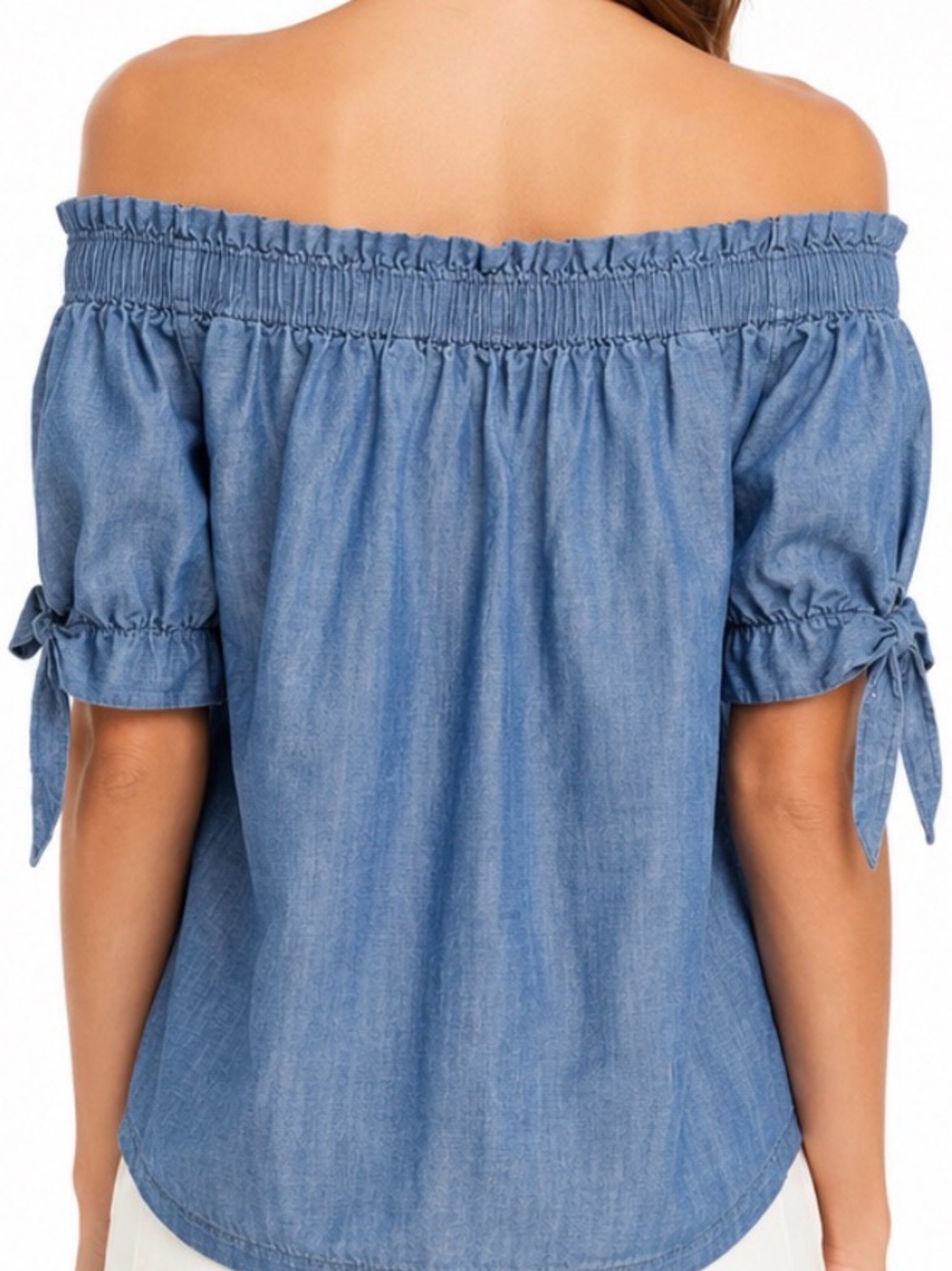 J.Crew Chambray Off Shoulder Peasant Top Blue Tie Sleeve Blouse Sz 8 - Picture 2 of 6